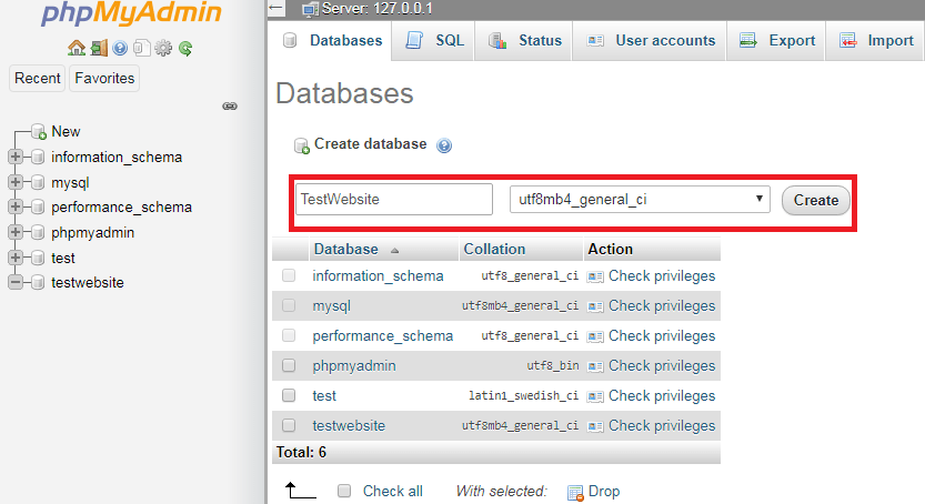 Create database option