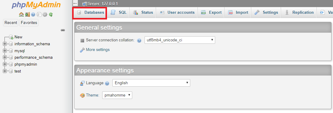 phpMyAdmin database tab