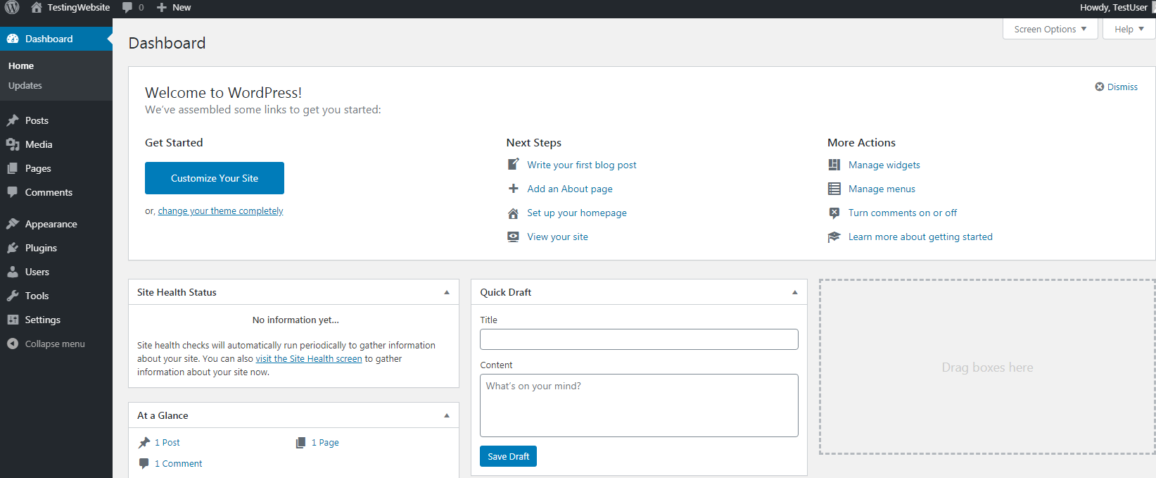 WP dashboard 