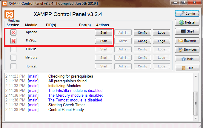 XAMPP control panel