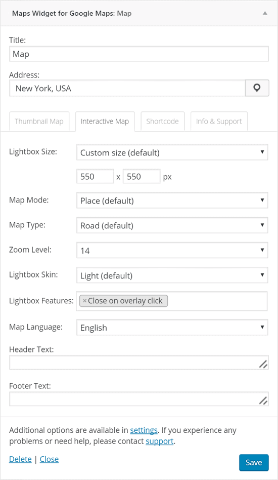 Interactive map settings