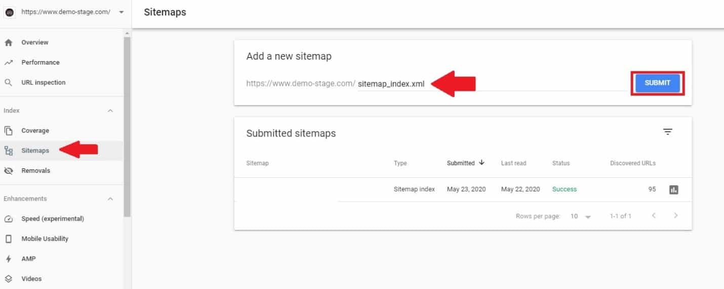 Sitemaps tab in google search console