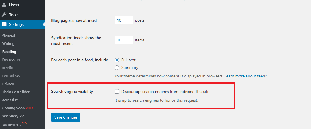 Search engine visibility settings