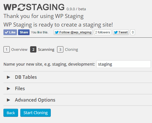 WP STAGING cloning option