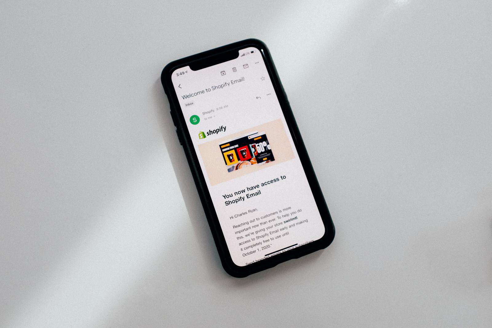 Email from Shopify on phone