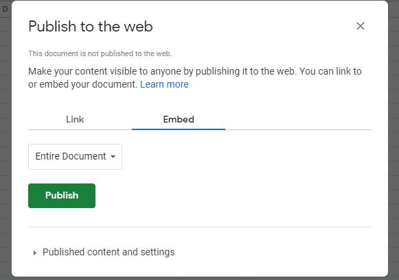 Google Sheets publish to the web popup