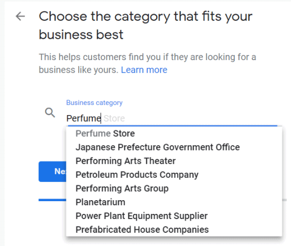 Google My Business business category form