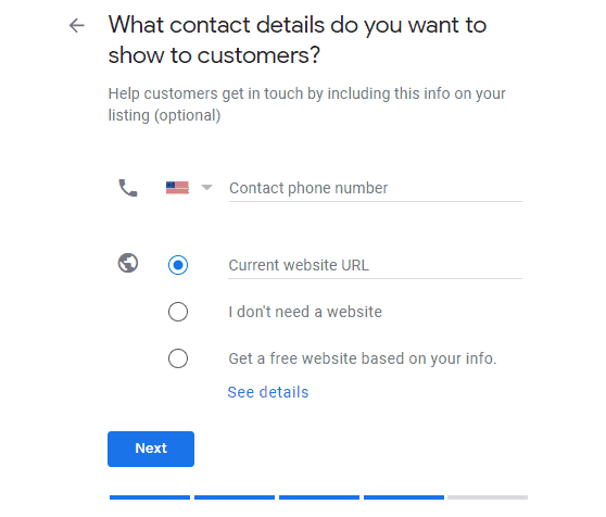 Google My Business contact details form