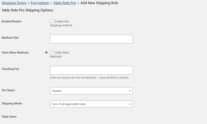 Table rate pro shipping options