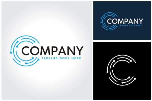 Initial Letter C Modern Lettering with circular digital wire link for futuristic internet connection logo design